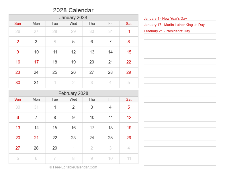 Bi-Monthly Calendar 2028 | Landscape
