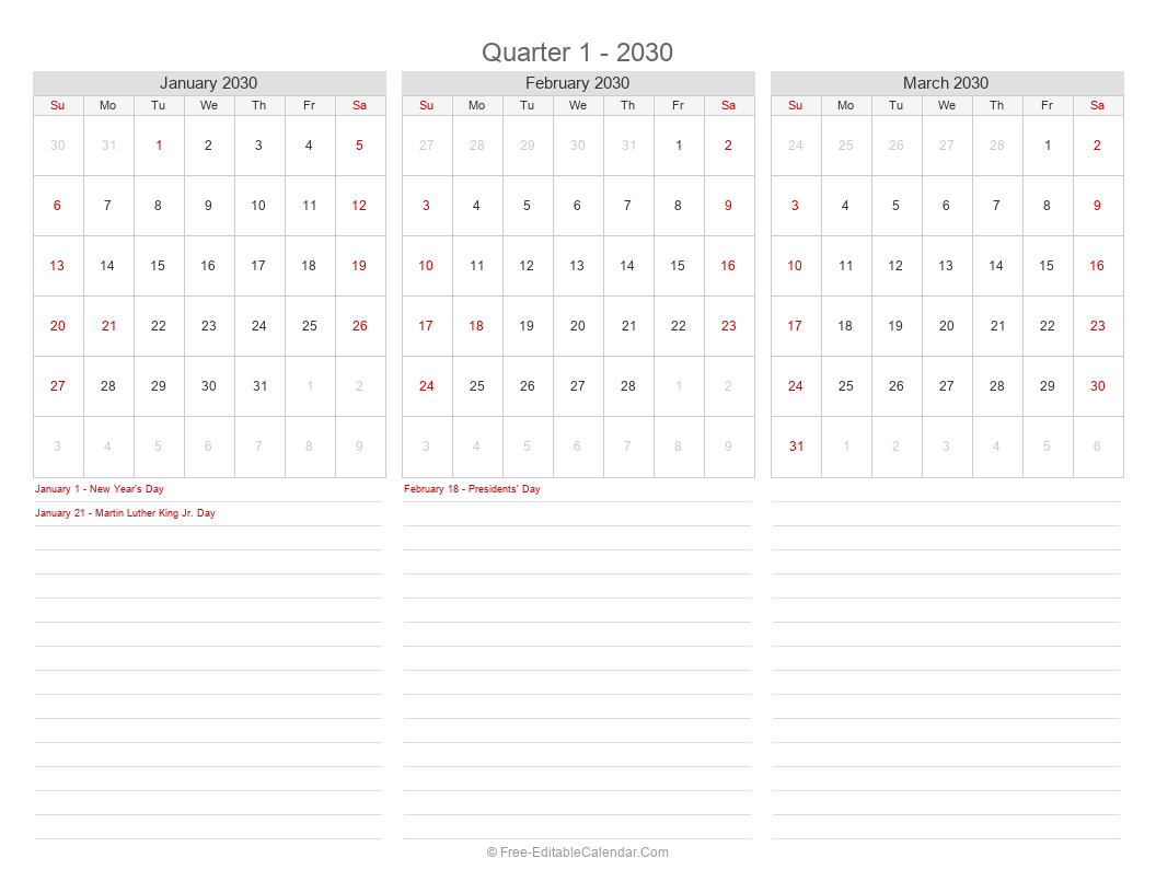 2030 Quarterly Calendar | 3 Months