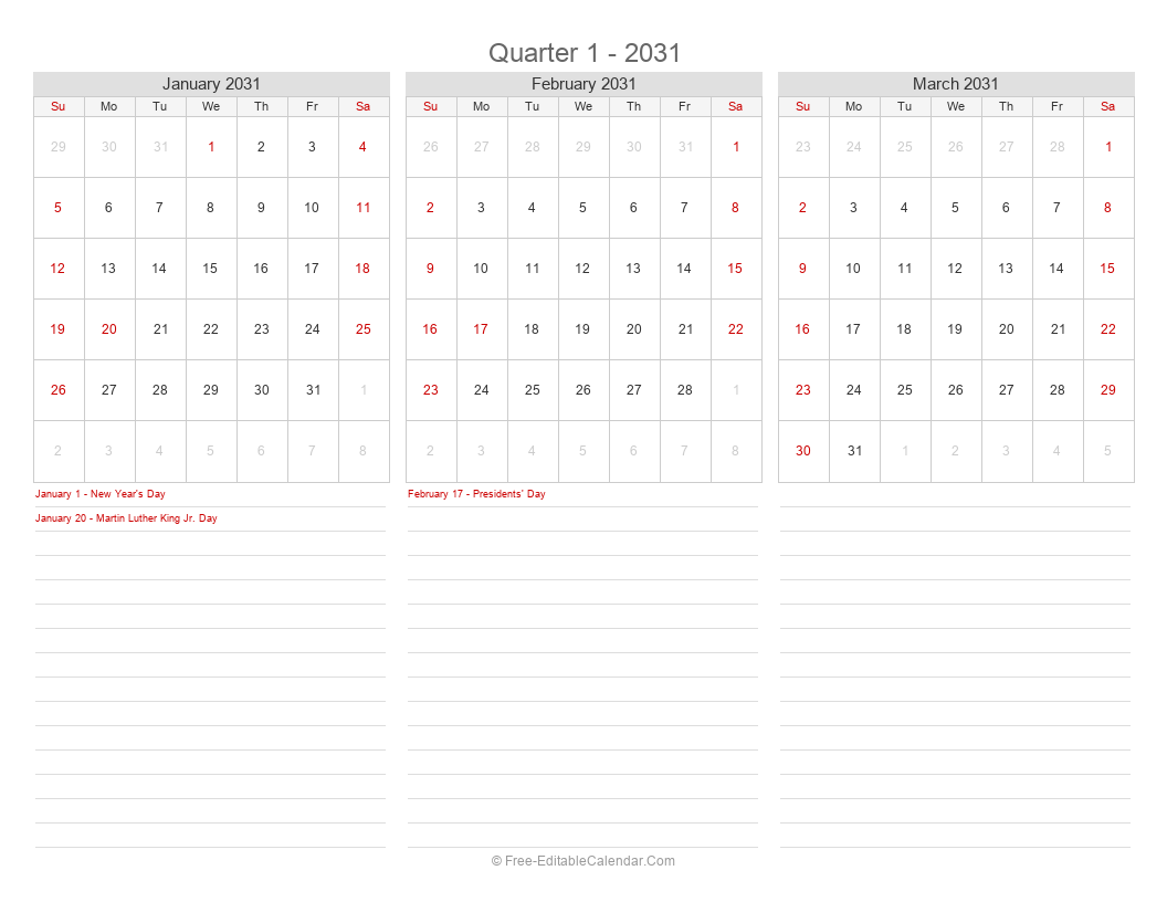 2031 Quarterly Calendar | 3 Months