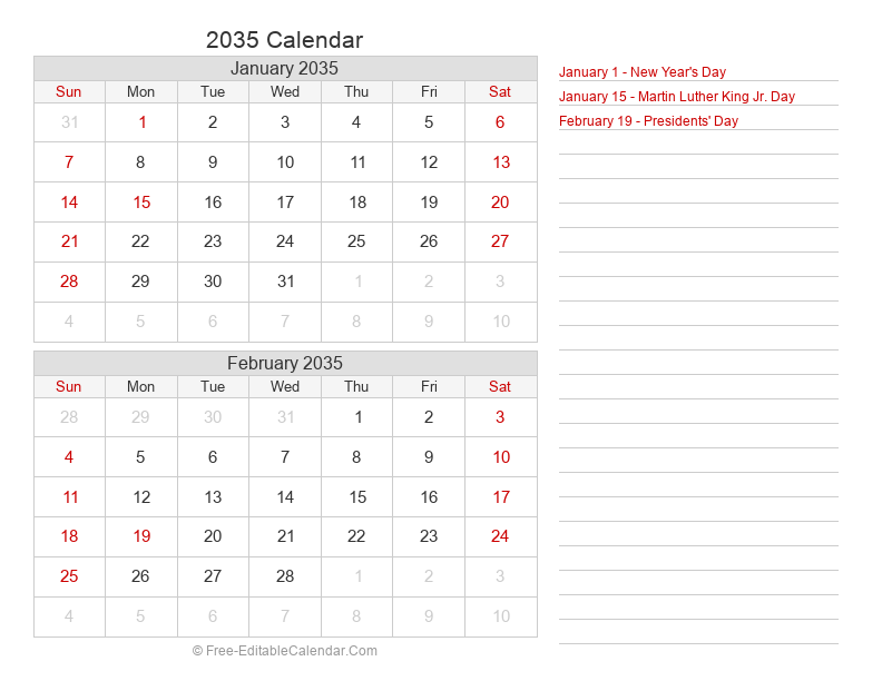 Bi-Monthly Calendar 2035 | Landscape