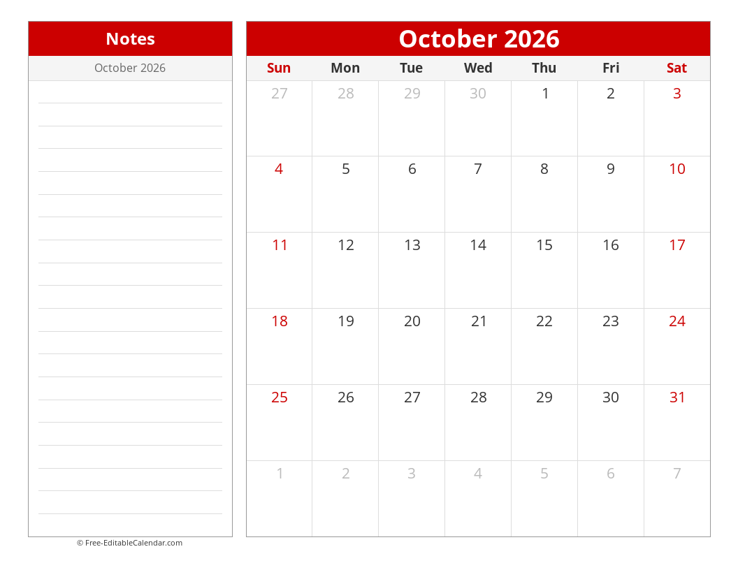 Printable Monthly calendar with sidebar notes