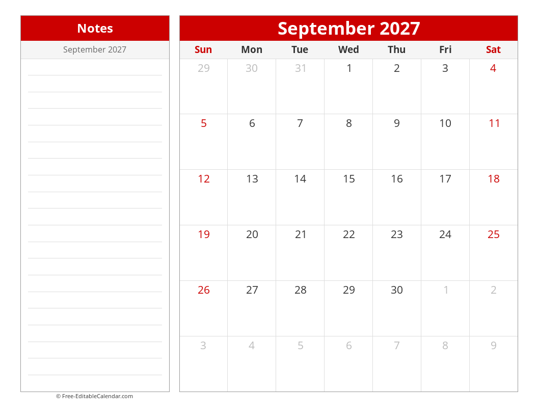 Printable Monthly calendar with sidebar notes