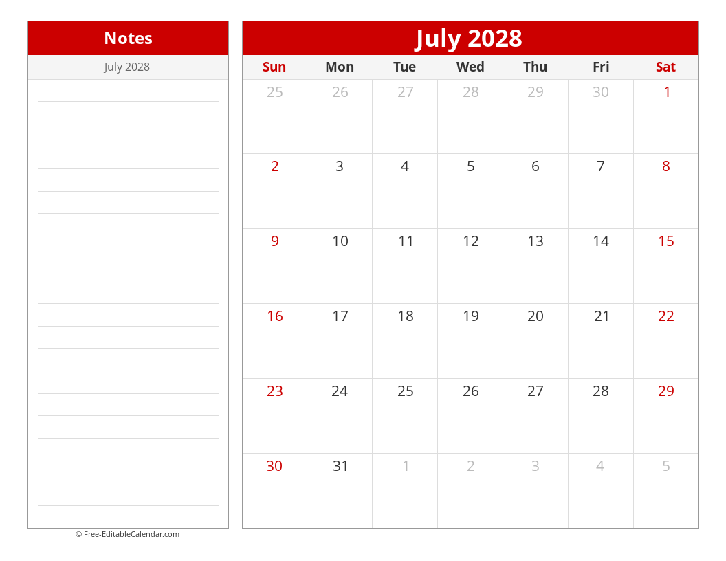 Printable Monthly calendar with sidebar notes