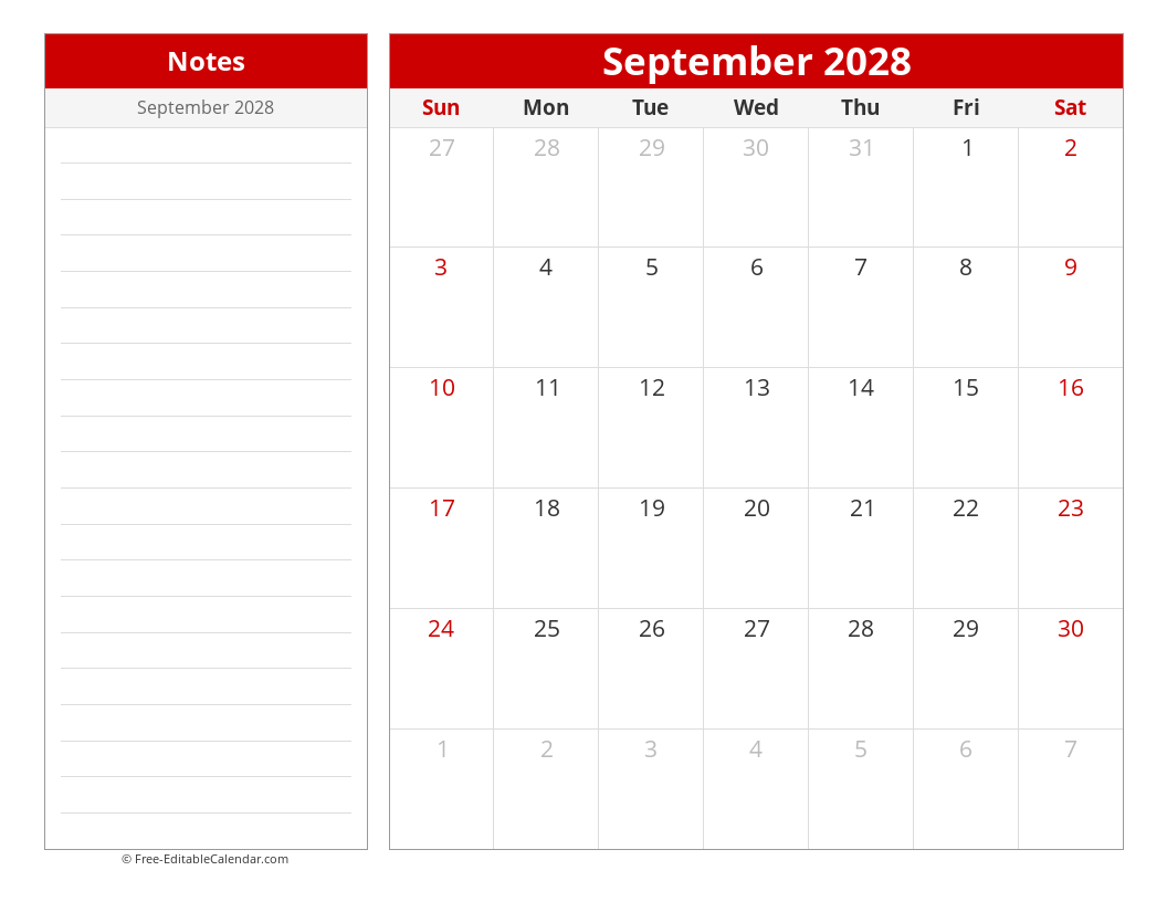 Printable Monthly calendar with sidebar notes