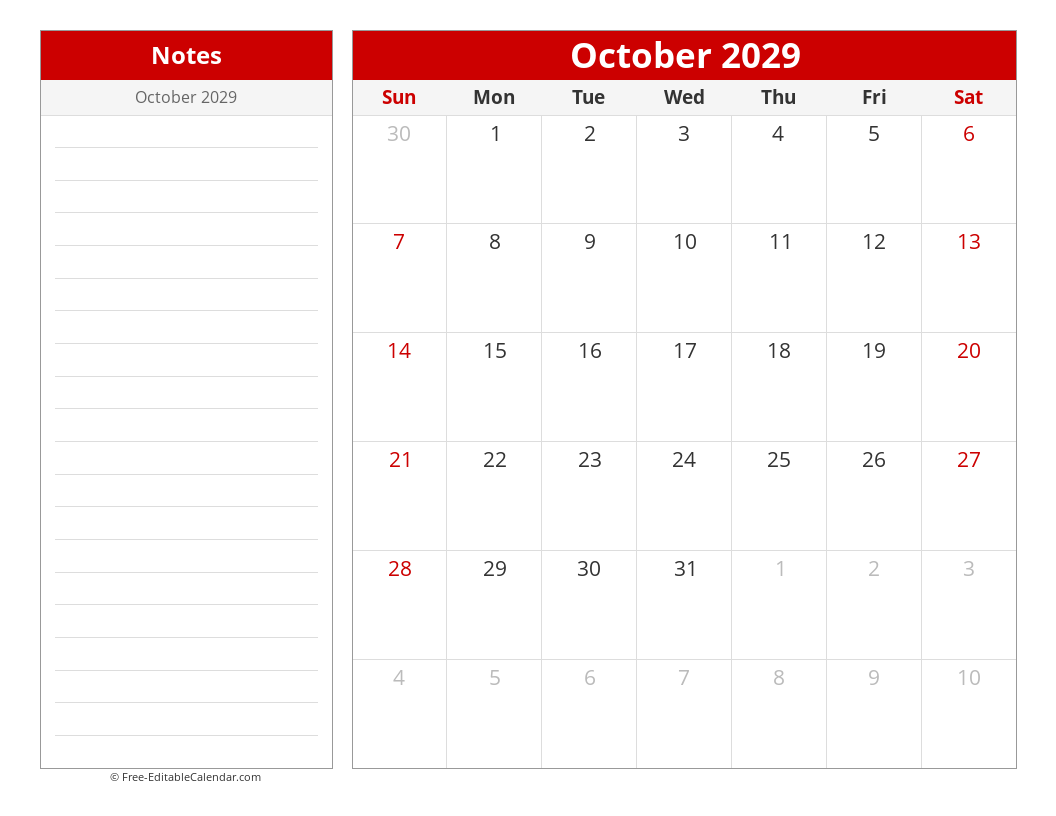 Printable Monthly calendar with sidebar notes
