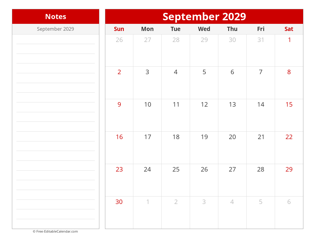 Printable Monthly calendar with sidebar notes