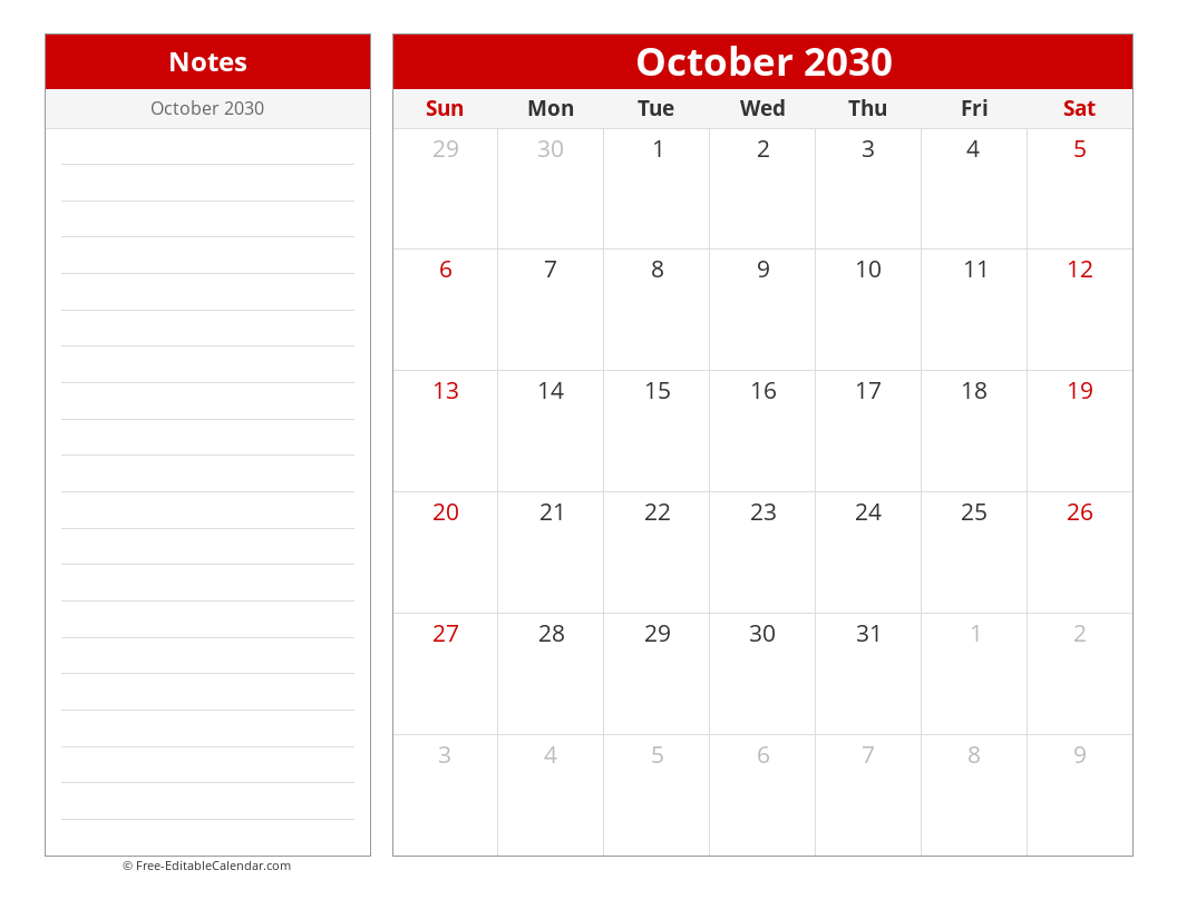 Printable Monthly calendar with sidebar notes