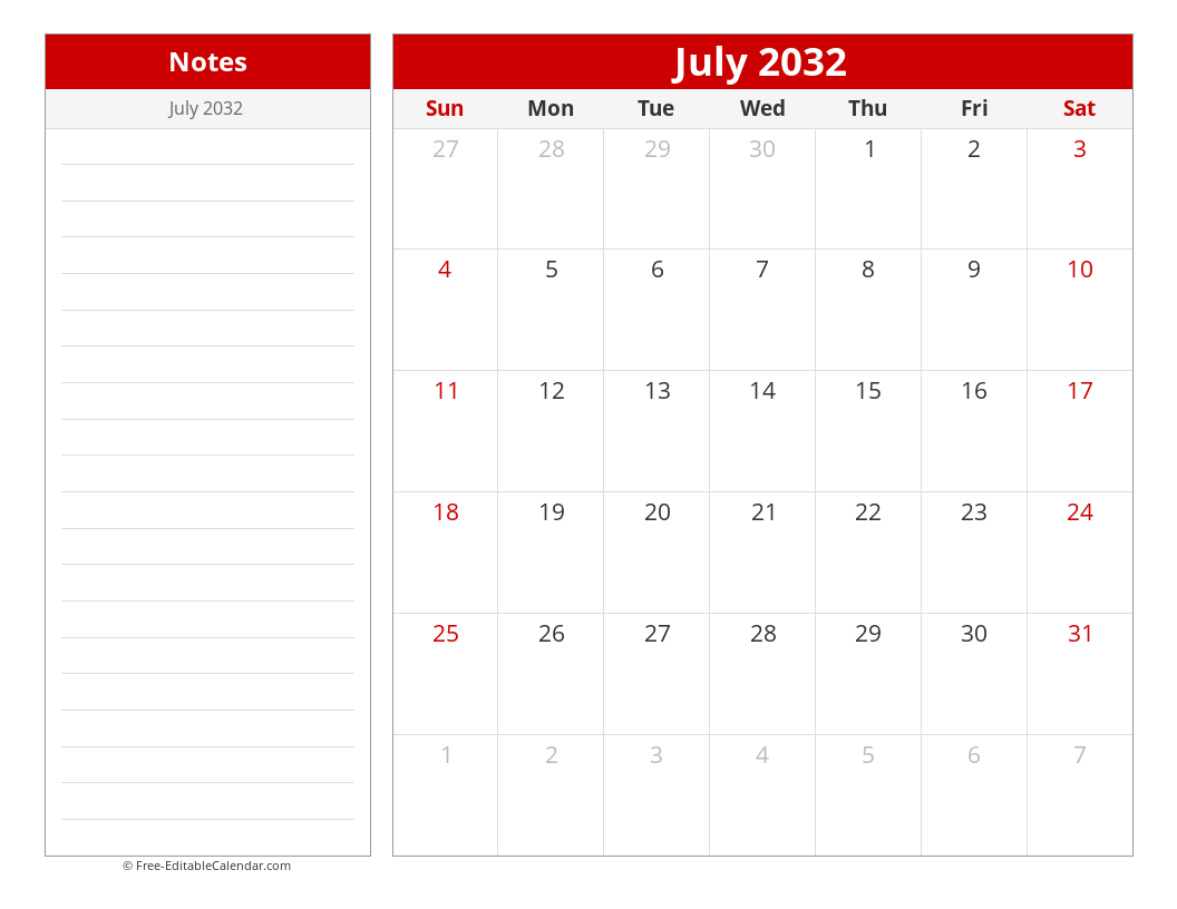 Printable Monthly calendar with sidebar notes