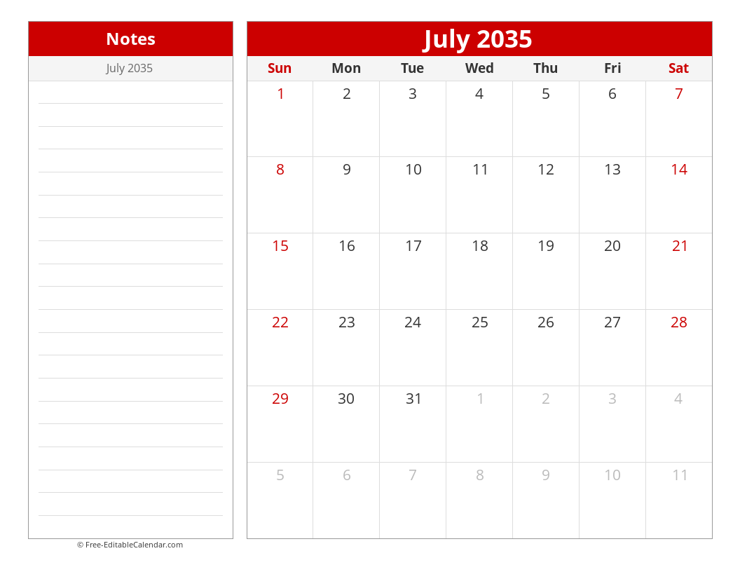 Printable Monthly calendar with sidebar notes