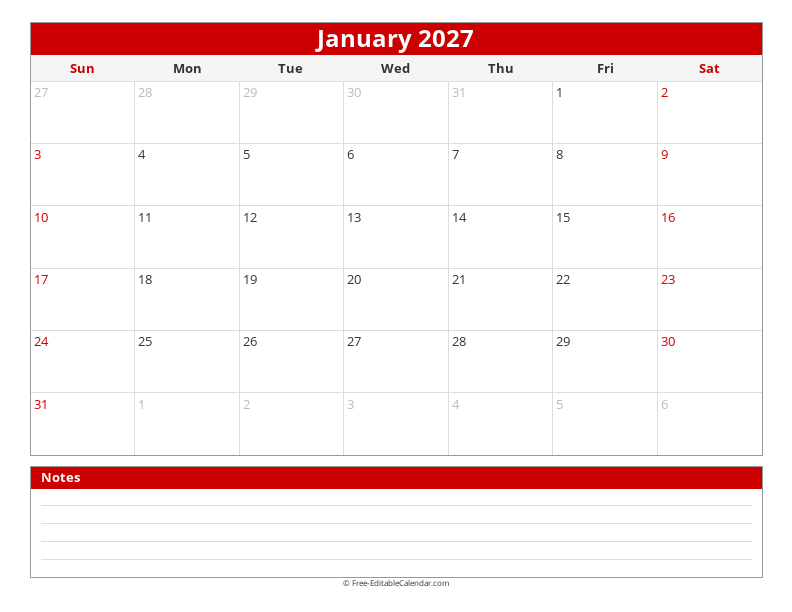2027 Monthly Calendar with Notes