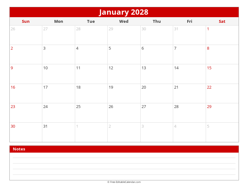 2028 Monthly Calendar with Notes