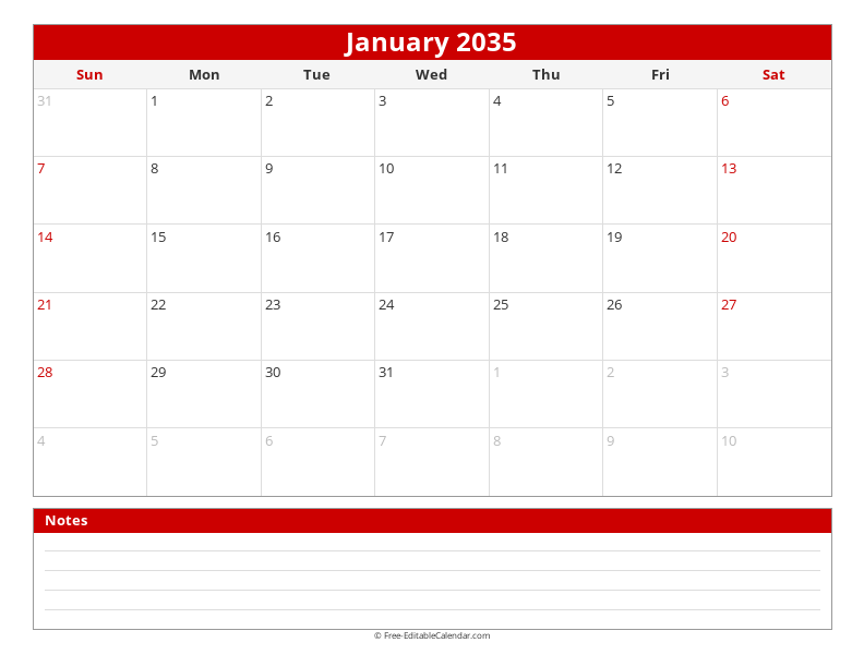 2035 Monthly Calendar with Notes