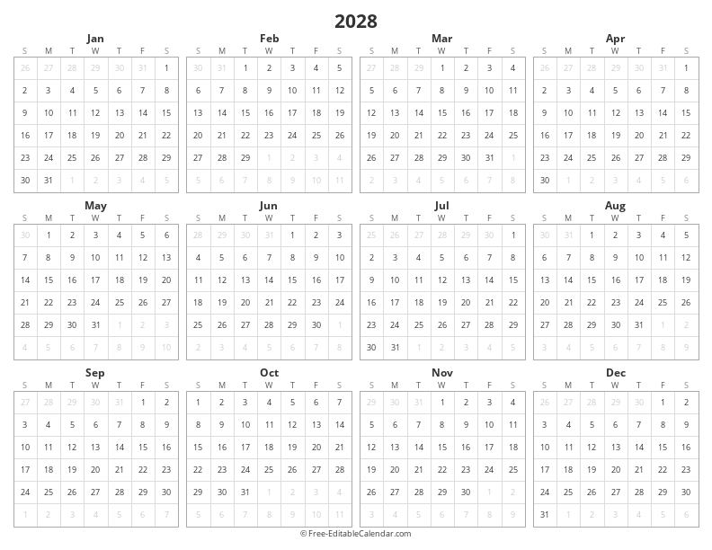 2028 Yearly Calendar | Year at a Glance