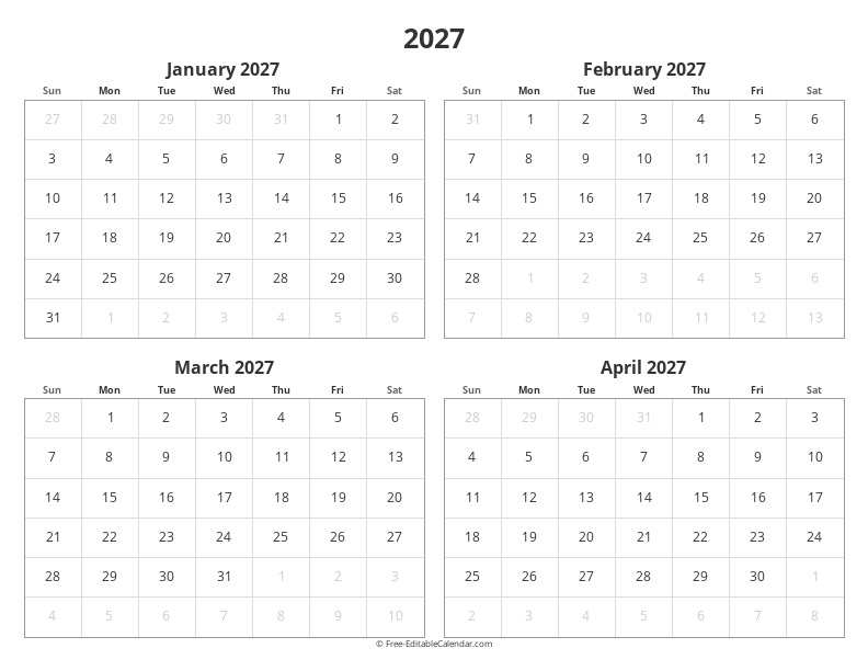 2027 Four Months Calendar | 4 Months per Page