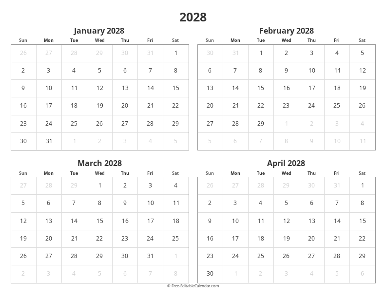 2028 Four Months Calendar | 4 Months per Page