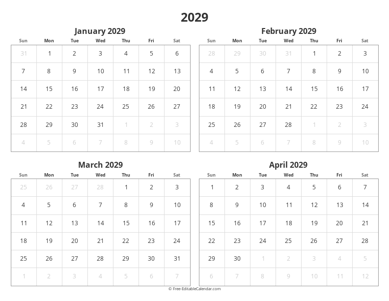 2029 Four Months Calendar | 4 Months per Page