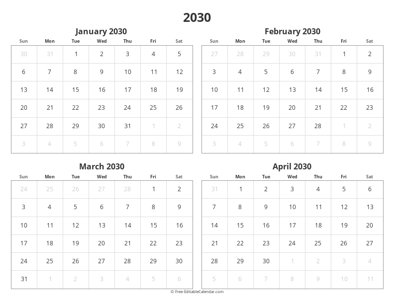 2030 Four Months Calendar | 4 Months per Page