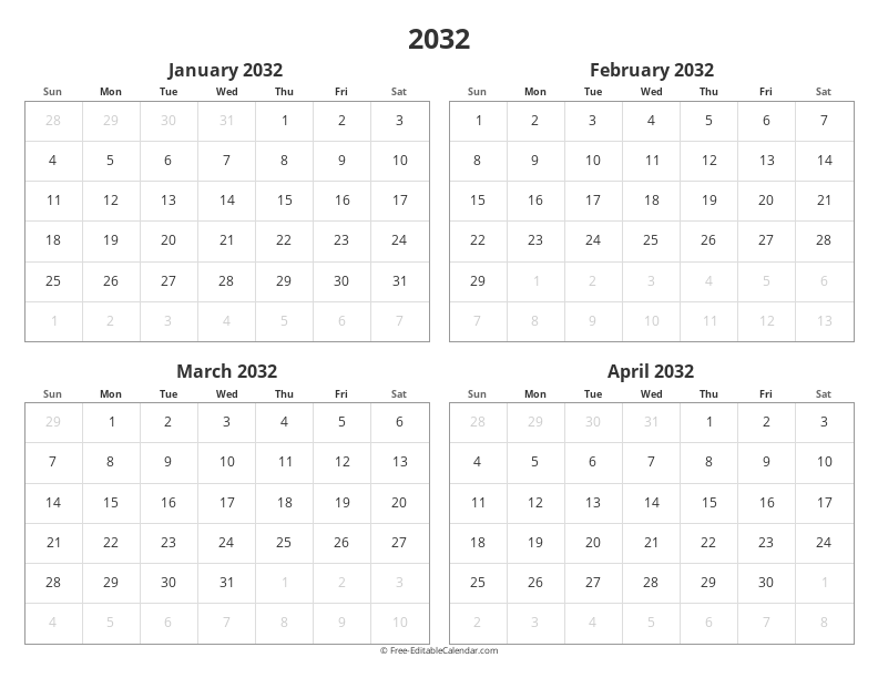 2032 Four Months Calendar | 4 Months per Page