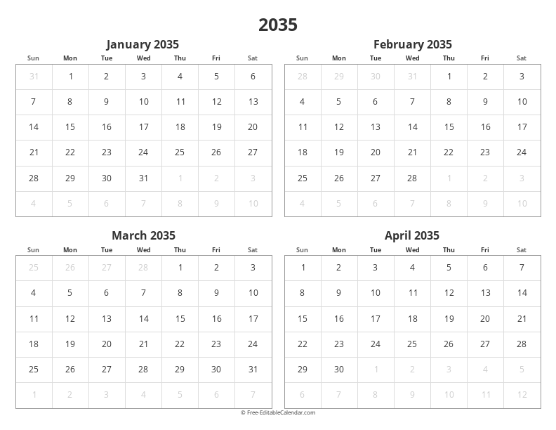 2035 Four Months Calendar | 4 Months per Page