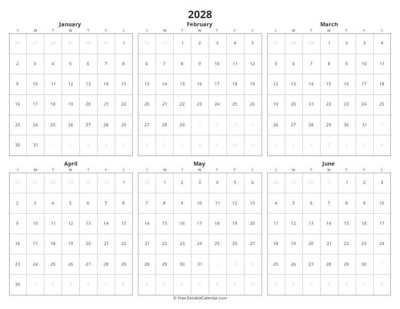 2028 Six Months per Page | Half-Year View