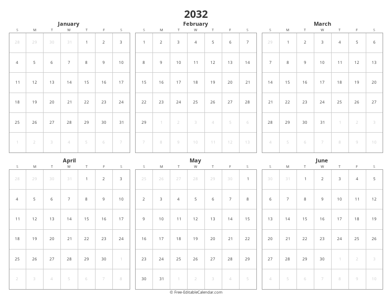 2032 Six Months per Page | Half-Year View