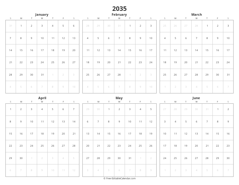 2035 Six Months per Page | Half-Year View