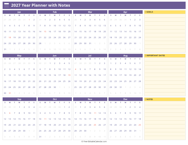 Yearly calendar with notes section