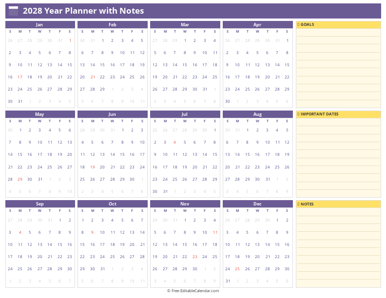 Yearly calendar with notes section