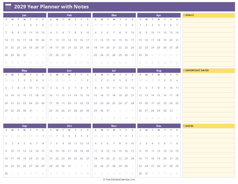 Yearly calendar with notes section