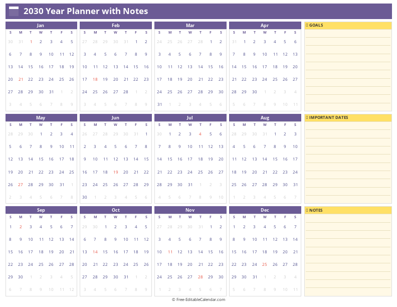 Yearly calendar with notes section